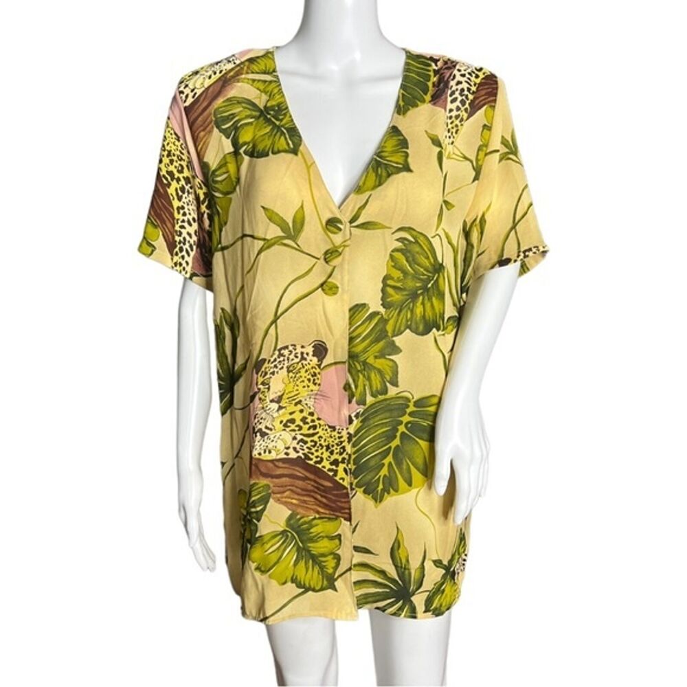 Vintage Borcellini Shirt Womens‎ 14 Tunic Top Yellow Jungle Tiger Print Bold Fun